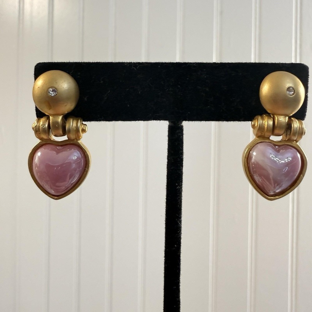 Vintage Gold Plated Heart Post Earrings Pink Iridescent Glass Cabochon 90s - Picture 5 of 6